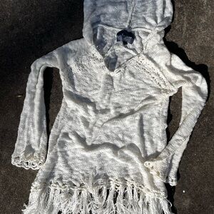 Paper Crane Cream Open-Knit Fringe Hooded Sweater